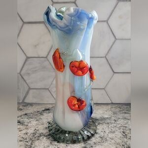 Hand-Blown Glass Vase with Orange Floral Accents - Blue & White